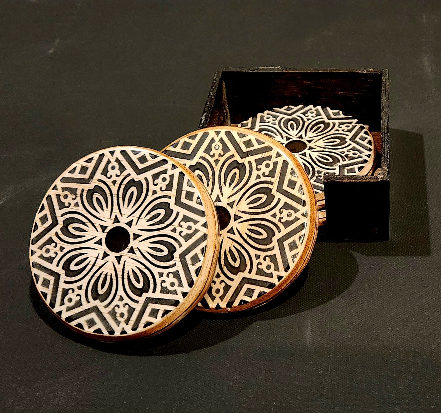 Handcrafted wood and resin coasters with a matching storage box — a perfect blend of art, function, and style for your home or as a thoughtful handmade gift.
