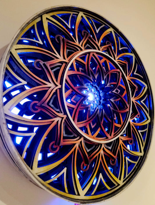 Illuminated Multilayer Laser-Cut Round Art Piece with Sound-Responsive Lighting