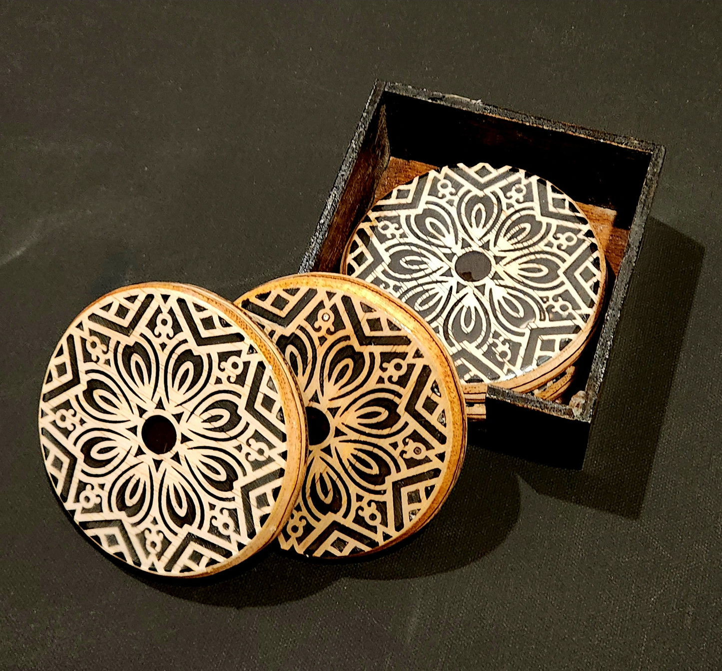 Wood & Resin Mandala Coaster Set with Custom Box #7